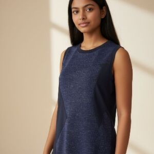 MNG Casual Navy Blue Black and Gold Lurex Casual Dress. Large.